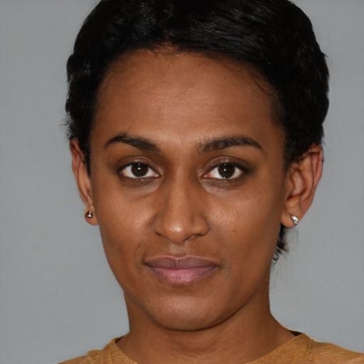 Neutral black young-adult female with short  black hair and brown eyes
