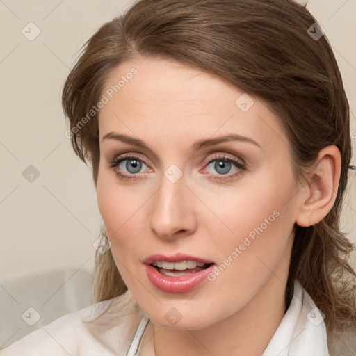 Joyful white young-adult female with medium  brown hair and blue eyes