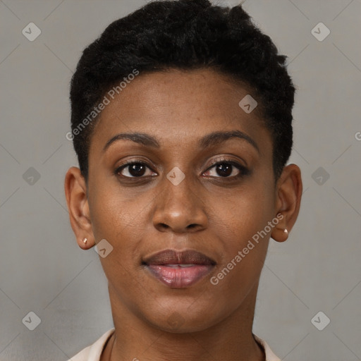 Joyful black young-adult female with short  black hair and brown eyes