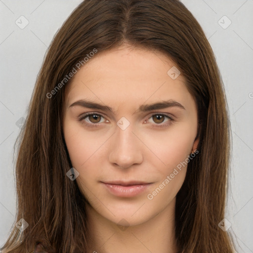 Neutral white young-adult female with long  brown hair and brown eyes