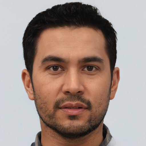 Neutral asian young-adult male with short  black hair and brown eyes
