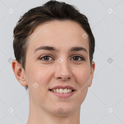 Joyful white young-adult female with short  brown hair and brown eyes