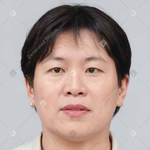 Joyful asian adult male with short  brown hair and brown eyes