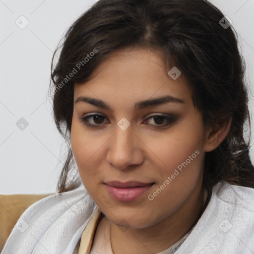 Joyful latino young-adult female with medium  brown hair and brown eyes