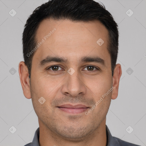 Joyful white young-adult male with short  brown hair and brown eyes