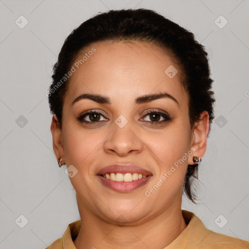 Joyful latino young-adult female with short  brown hair and brown eyes