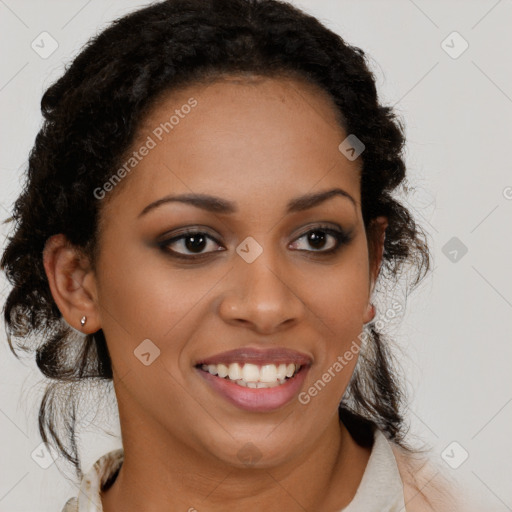 Joyful latino young-adult female with long  brown hair and brown eyes