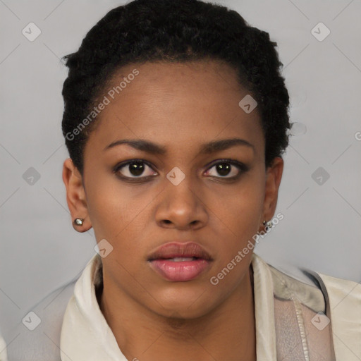 Neutral black young-adult female with short  brown hair and brown eyes