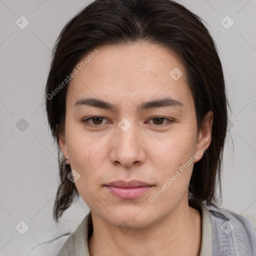 Neutral asian young-adult female with medium  brown hair and brown eyes