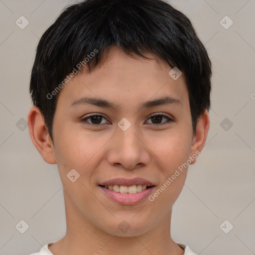 Joyful asian young-adult female with short  brown hair and brown eyes