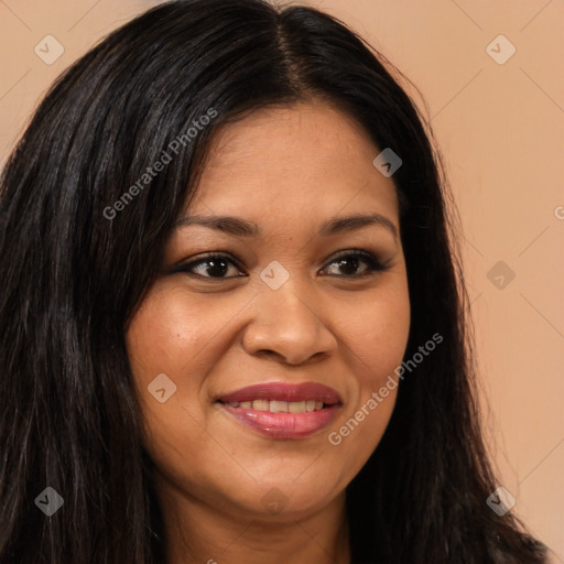 Joyful latino young-adult female with long  brown hair and brown eyes