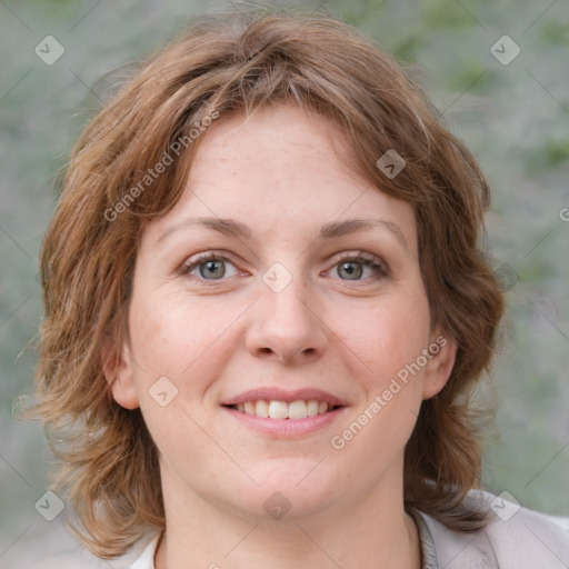 Joyful white young-adult female with medium  brown hair and green eyes