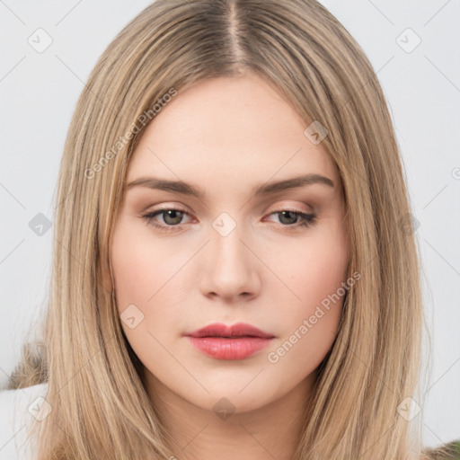 Neutral white young-adult female with long  brown hair and brown eyes