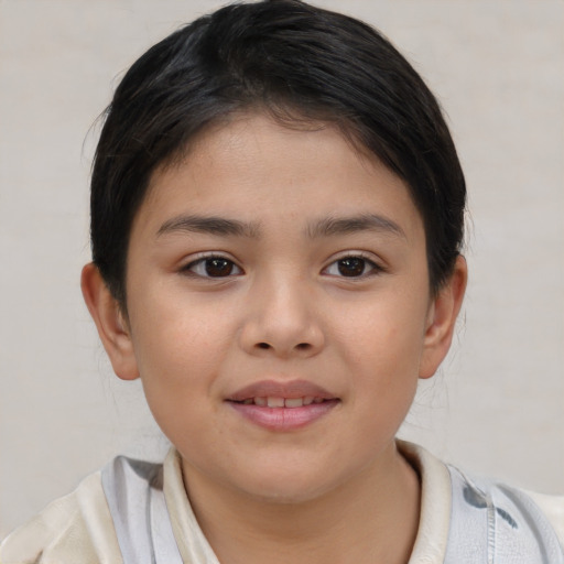 Joyful asian child female with short  brown hair and brown eyes