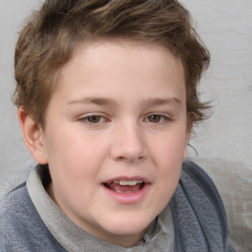 Joyful white child female with short  brown hair and brown eyes