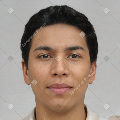 Neutral asian young-adult male with short  black hair and brown eyes