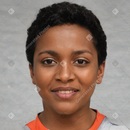 Joyful black young-adult female with short  black hair and brown eyes