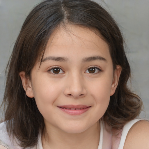 Joyful white child female with medium  brown hair and brown eyes