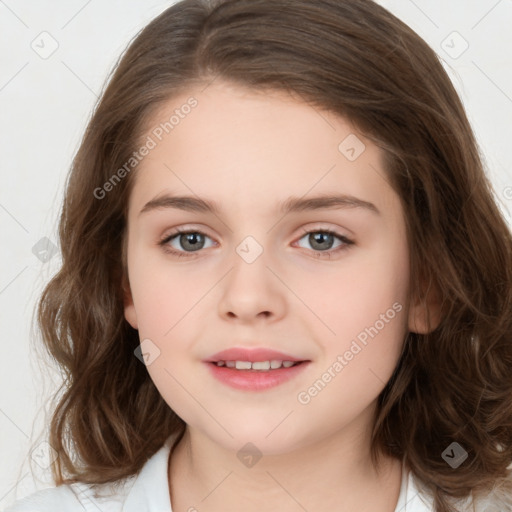 Joyful white child female with medium  brown hair and brown eyes