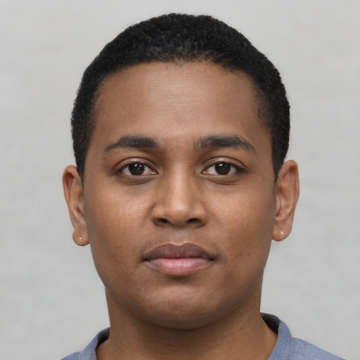 Neutral black young-adult male with short  black hair and brown eyes