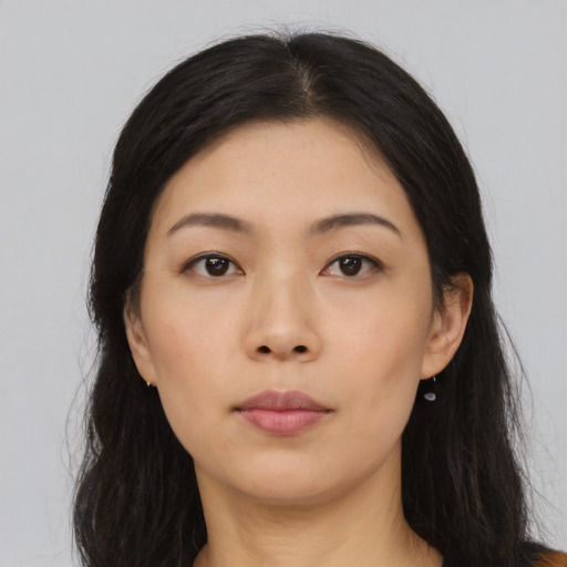Neutral asian young-adult female with long  black hair and brown eyes