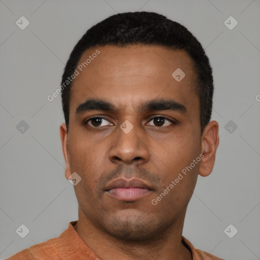 Neutral latino young-adult male with short  black hair and brown eyes