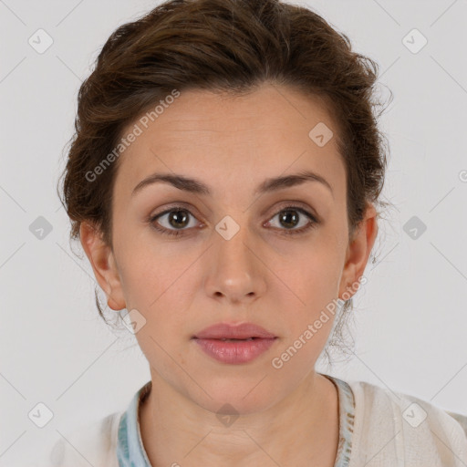 Neutral white young-adult female with short  brown hair and brown eyes