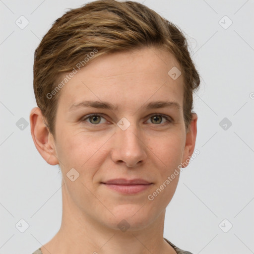 Joyful white young-adult female with short  brown hair and grey eyes