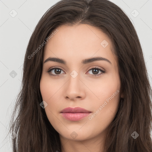 Neutral white young-adult female with long  brown hair and brown eyes