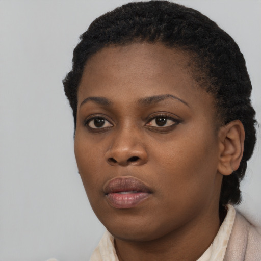 Neutral black young-adult female with short  black hair and brown eyes