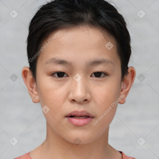 Neutral white young-adult female with short  brown hair and brown eyes
