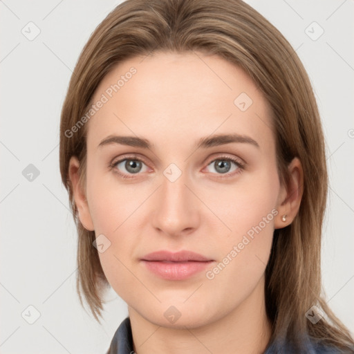 Neutral white young-adult female with medium  brown hair and grey eyes