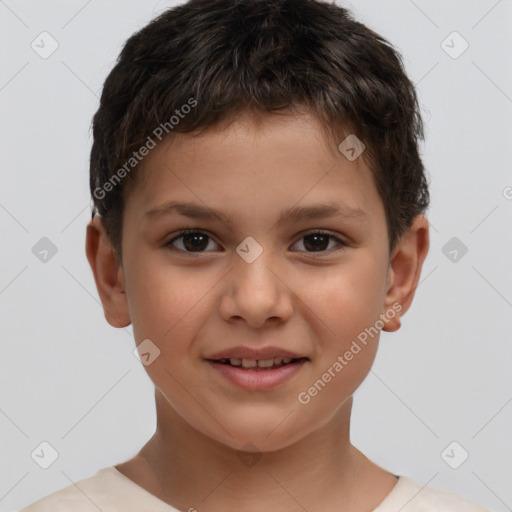 Joyful white child male with short  brown hair and brown eyes