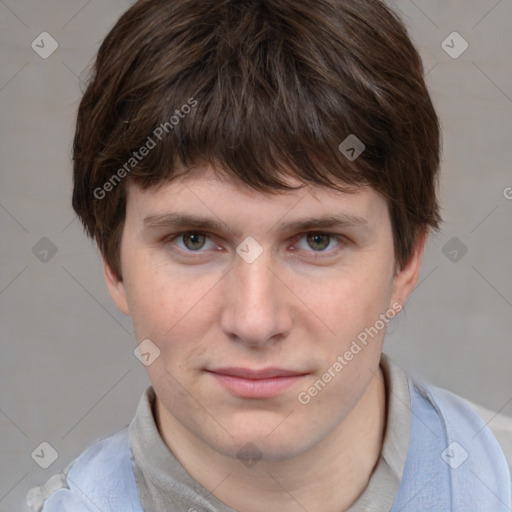 Neutral white young-adult male with short  brown hair and grey eyes