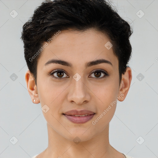 Joyful latino young-adult female with short  brown hair and brown eyes