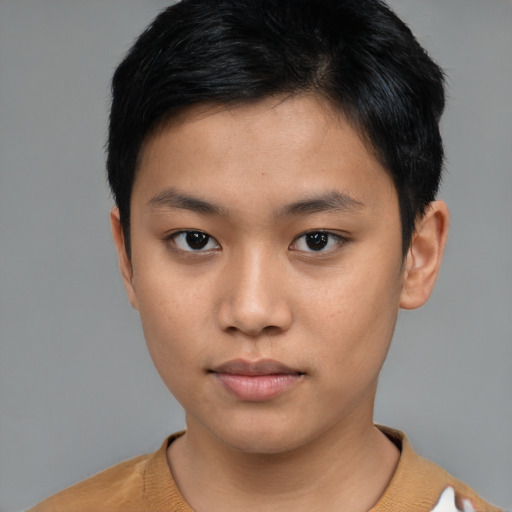 Neutral asian young-adult male with short  brown hair and brown eyes