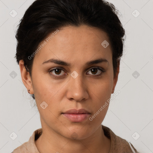 Neutral white young-adult female with short  brown hair and brown eyes