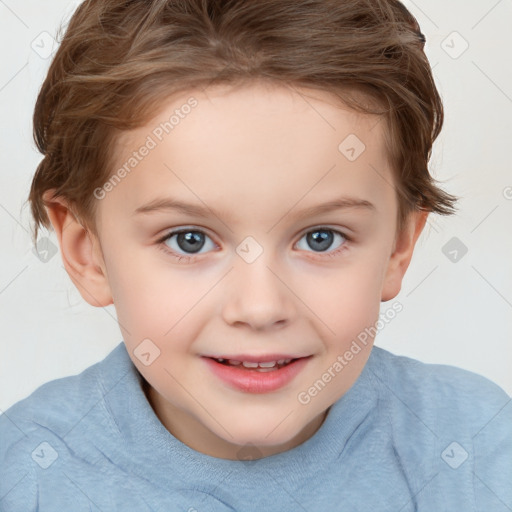 Joyful white child female with short  brown hair and brown eyes