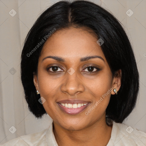 Joyful black young-adult female with medium  black hair and brown eyes