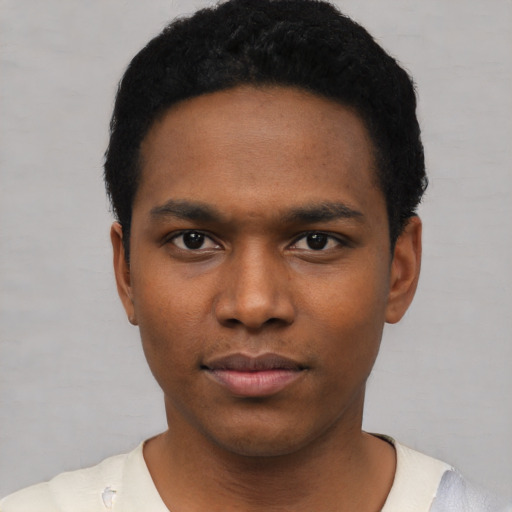 Neutral black young-adult male with short  black hair and brown eyes