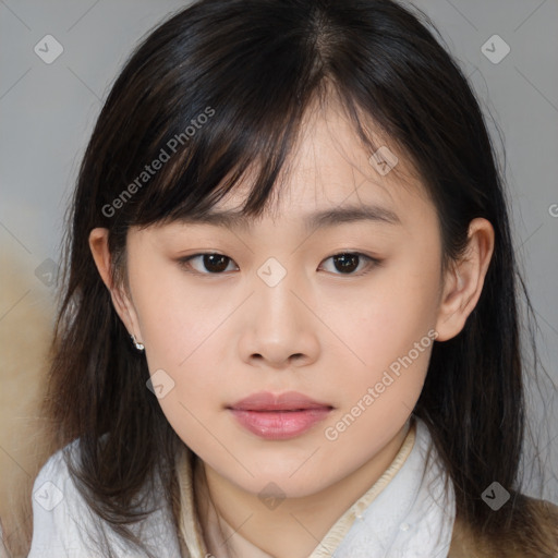 Neutral asian young-adult female with medium  brown hair and brown eyes