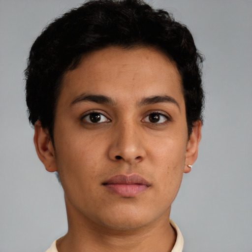 Neutral latino young-adult female with short  brown hair and brown eyes
