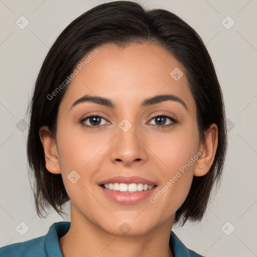 Joyful white young-adult female with medium  brown hair and brown eyes