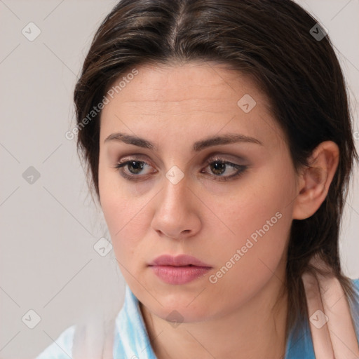 Neutral white young-adult female with medium  brown hair and brown eyes