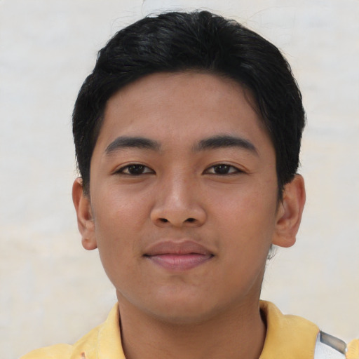 Neutral asian young-adult male with short  black hair and brown eyes