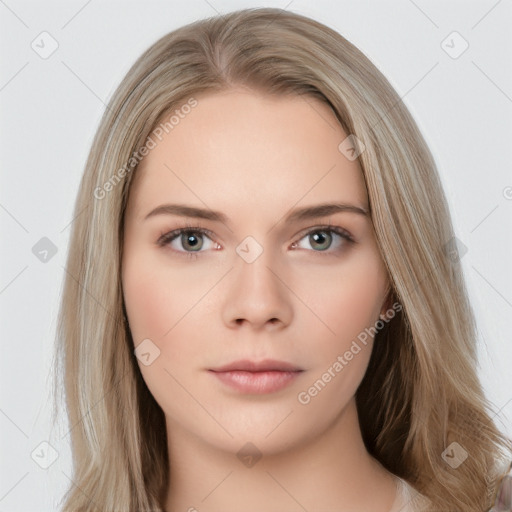 Neutral white young-adult female with long  brown hair and brown eyes