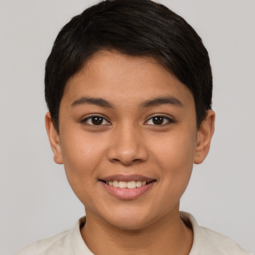 Joyful latino young-adult female with short  brown hair and brown eyes