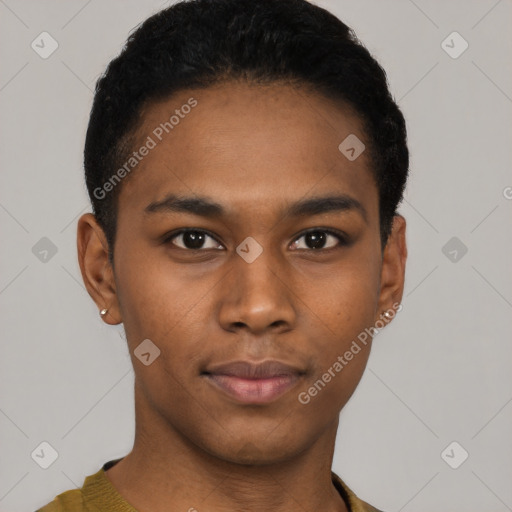 Neutral black young-adult male with short  black hair and brown eyes