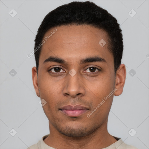 Neutral latino young-adult male with short  black hair and brown eyes