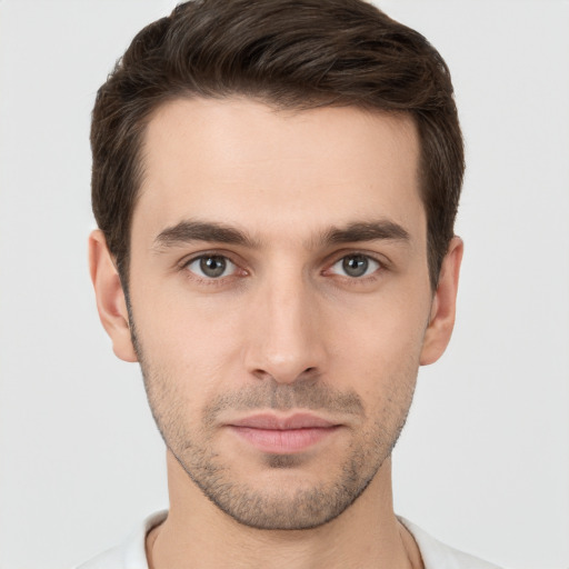 Neutral white young-adult male with short  brown hair and brown eyes